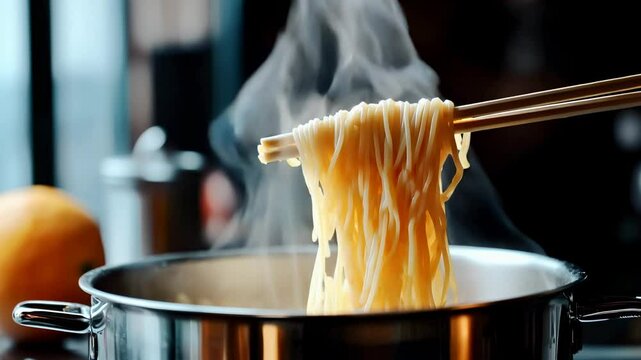 Slow motion shot of a bunch of spaghetti grabbed by two wooden chopsticks from a steaming steel pot at the end of cooking, to ensure it is cooked perfectly "al dente"