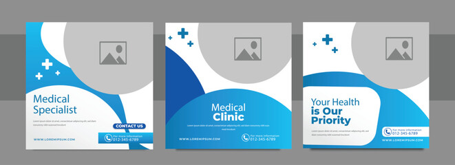 Medical healthcare service social media post doctor consultation square banner, hospital clinic diagnostic center business promotion social media post and web template set