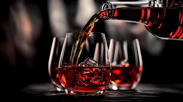 Close-up footage of whiskey or similar alcoholic beverage with rich amber red hue, flowing into a glass over ice rocks, with subtle glimpses of nearby glasses