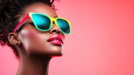 A stylish model showcases an array of vibrant colors in her makeup and sunglasses against a pink background, embodying boldness and creativity in modern fashion.
