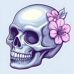 Fototapeta premium Elegant skull adorned with pink blossoms, isolated on a light blue background, suitable for tattoos, art prints, and gothic aesthetics