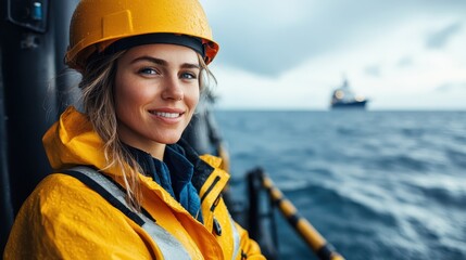 A smiling young woman in a bright yellow rain jacket and helmet stands confidently on a boat, showcasing her adventurous spirit amidst ocean waves and a cloudy backdrop.