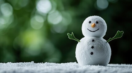 Obraz premium Small Snowman On Snowy Surface With Green Bokeh Background