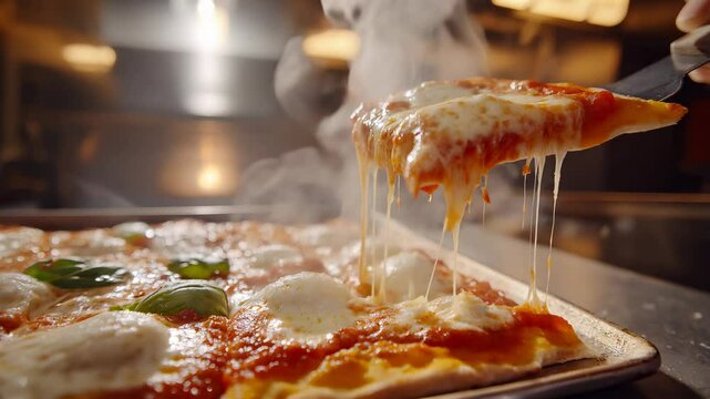 A freshly baked square slice of Margherita pizza dripping with rich, stringy mozzarella is lifted from a baking tray, releasing a large amount of steam and mouth-watering aromas, shot in slow motion