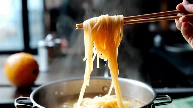 Appetizing slow motion footage of spaghetti being carefully lifted with wooden chopsticks from a steaming hot steel pot, checking for perfect "al dente" texture after cooking