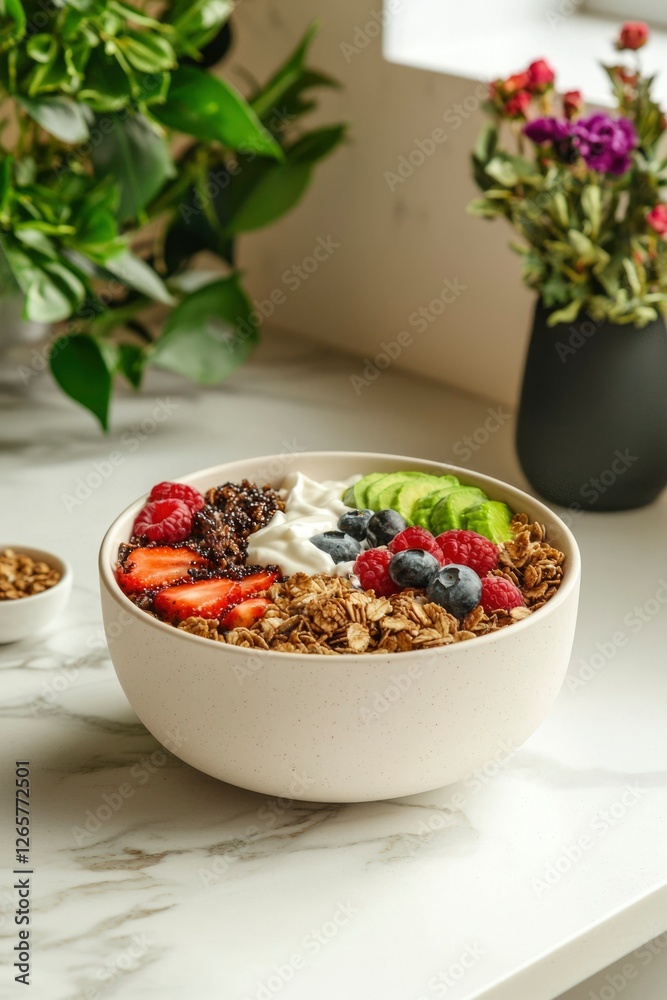 Wall mural Granola with berries in a bowl on marble countertop. Healthy breakfast concept