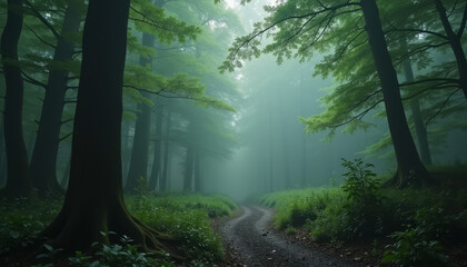 Obraz premium Misty forest path winding through trees, hidden magical atmosphere