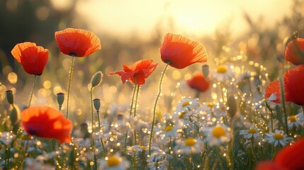 Fototapeta premium A vibrant scene of red poppies and white daisies illuminated by soft sunlight, creating a serene atmosphere in a blooming meadow.