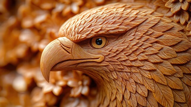 Intricate Wooden Eagle Carving, Floral Background - Powered by Adobe