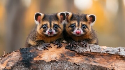 Two charming marsupials are playfully posed on a log, showcasing their natural beauty and delightful expressions in a serene outdoor setting.