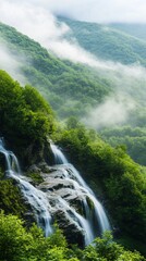 Obraz premium Mountain waterfall cascading, misty hills. Nature backdrop