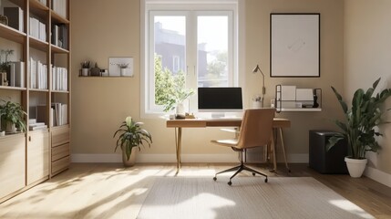 Fototapeta premium Brightly lit home office featuring wooden furniture and plants