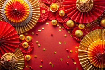 Festive Red Background with Paper Fans & Gold Coins - Chinese New Year Celebration Stock Photo