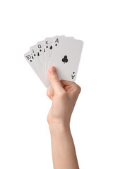 Woman with playing cards against white background, closeup