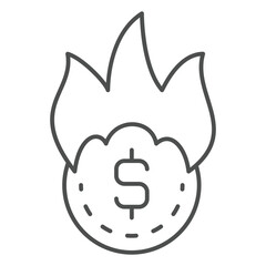 Burning dollar coin thin line icon, dollar coin on fire concept. Vector graphics. Cent money sign on white background, outline style icon for mobile or web design.