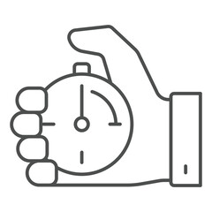 Stopwatch button turn on thin line icon, timer ticking concept. Vector graphics. Clock in hand sign on white background, outline style icon for mobile or web design.