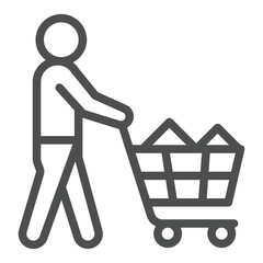Man with shopping cart line icon, consumer buyer concept. Vector graphics. Human and full trolley sign on white background, outline style icon for mobile or web design. © iconqueen