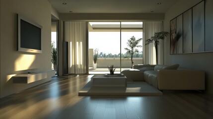 Modern living room interior with bright sunlight and balcony