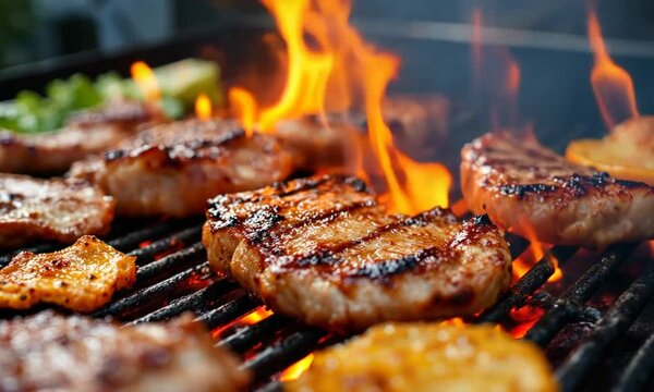 Grilled pork and pineapple, backyard BBQ, flames