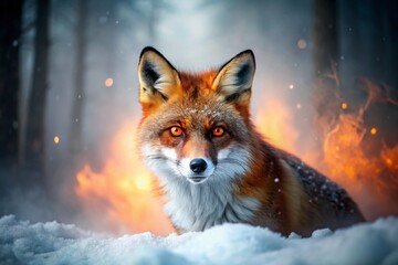 Obraz premium Fierce Red Fox Glowing Eyes Snowy Smoky Forest Minimalist Winter Wildlife