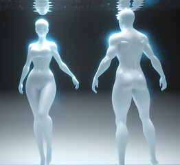 Abstract surrealistic - illustration of glass statue several people standing in pose. Concept project. mindfulness and meditation. Futuristic. cyberpunk. innovation different types of poses. generativ