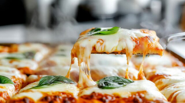 Appetizing slow motion footage of a freshly baked square slice of Margherita pizza, oozing with rich mozzarella cheese, lifted from baking tray and releasing a burst of steam and savory aromas
