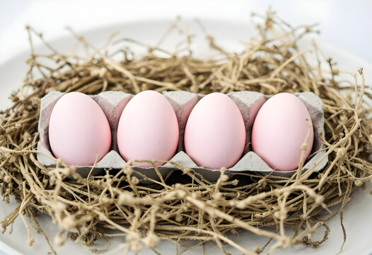 Pink eggs in a paper basket, resting on tree branches, in a white plate