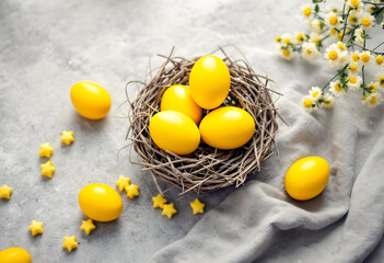 Easter eggs elegance: luxury vibrant yellow eggs in a nest on the table, surrounded by chamomile flowers, yellow stars, and a gray tablecloth
