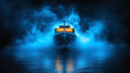 A ghostly ship glowing in the misty night, sailing through an otherworldly sea, haunting and dramatic 