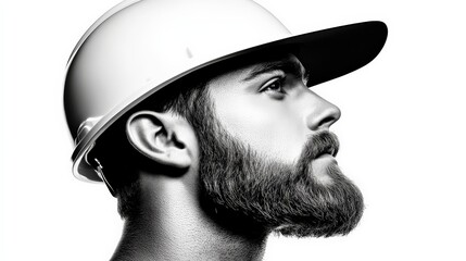Profile of a Bearded Man Wearing a White Hard Hat in Monochrome