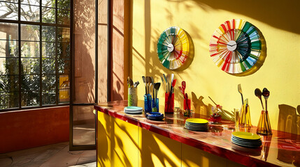 Naklejka premium Colorful kitchen interior with vibrant clocks, utensils, and plates; sunny conservatory background; ideal for home decor or lifestyle magazines