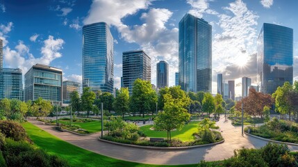 Obraz premium A panoramic view of a business park with modern buildings and green spaces for relaxation.