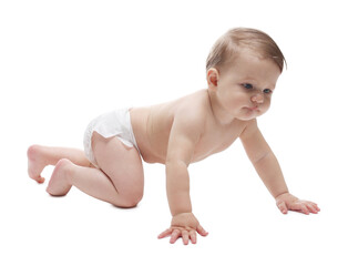Obraz premium Cute little baby in diaper on white background