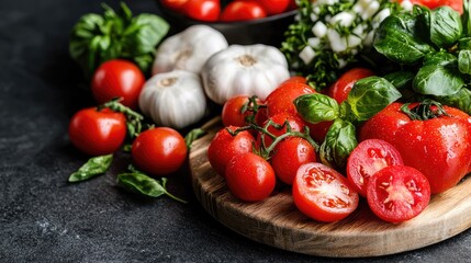 Fresh Tomatoes, Basil, and Garlic on a Wooden Board