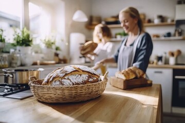 Freshly baked bread in cozy kitchen with people enjoying homemade loaves and warm atmosphere