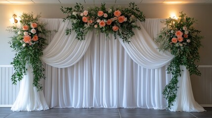 Peach rose wedding backdrop, indoor ceremony