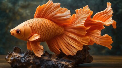 Orange Betta Fish Sculpture on Wood