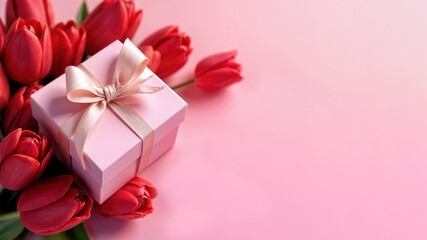 A Charming Pink Gift Box Delicately Surrounded by Beautiful, Vibrant Red Tulips Blooms
