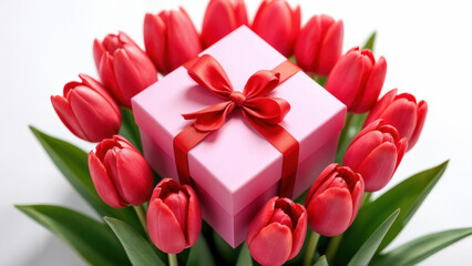 An Elegant Gift Box Surrounded by Beautiful and Charming Red Tulips in Full Bloom