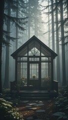 Fototapeta premium A cozy and elegant glass house surrounded by tall trees and misty morning air in a secluded forest