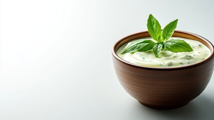A beautifully styled wooden bowl filled with creamy dip topped with fresh basil, showcasing a tasty treat perfect for gatherings and healthy snacking.