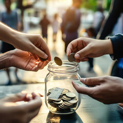 Multiple hands donating money into a charity jar. Crowdfunding or charity concept