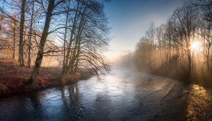 a serene river winds through a foggy forest surrounded by tall bare trees with soft sunlight filtering through creating a peaceful dreamy atmosphere