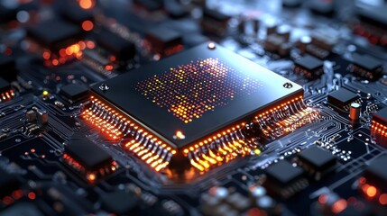 A close-up view of a computer chip with glowing circuitry, showcasing the intricate details of modern technology.