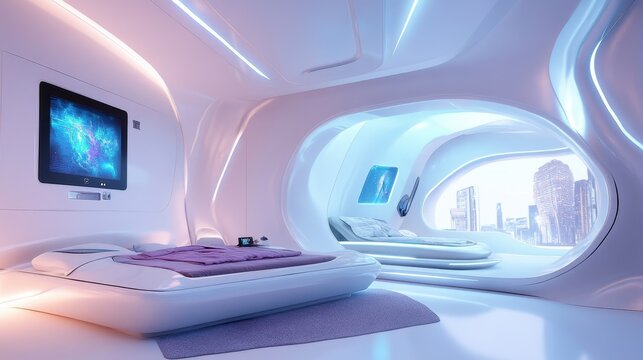 A futuristic bedroom with sleek white design and city view