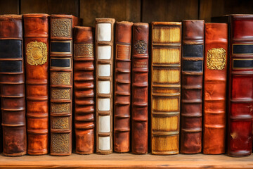 Leather-bound books with intricate gilded spines are elegantly organized on a wooden shelf, illuminated by warm lighting, creating a cozy and inviting atmosphere perfect for reading