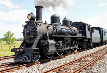 Naklejka premium Vintage steam locomotive passing through scenic outdoor landscape, nostalgia