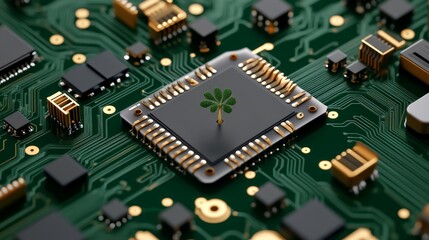 Green Leaf Symbol on Microchip Against Circuit Board Background
