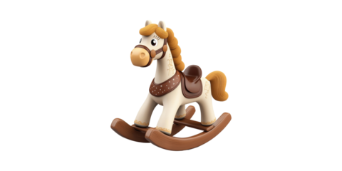 Cute brown and white rocking horse toy isolated on transparent background