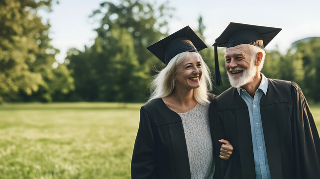 A happy elderly couple at their graduation ceremony proud to have graduated with honors at their age